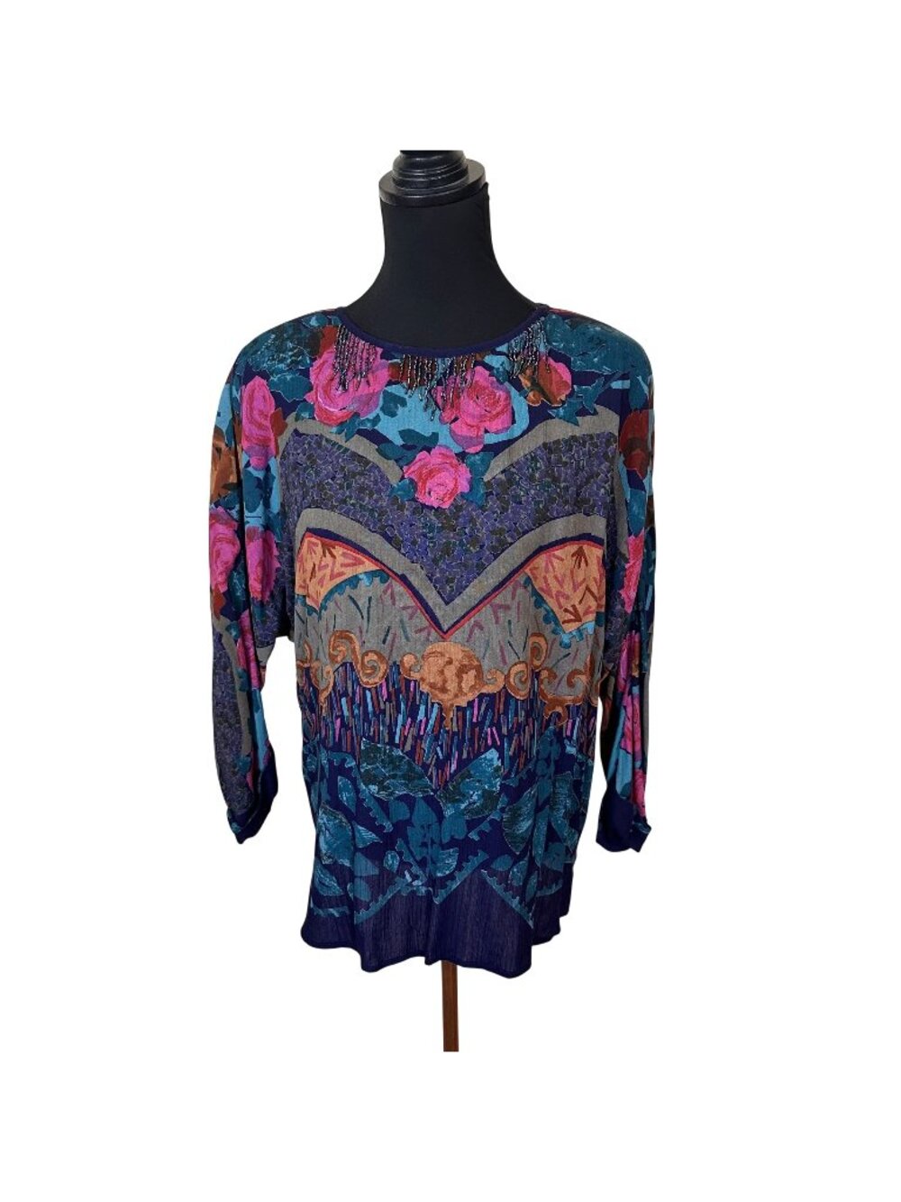Carole Little Womens Blouse Multicolor Floral Top Beaded Tunic Large 90s